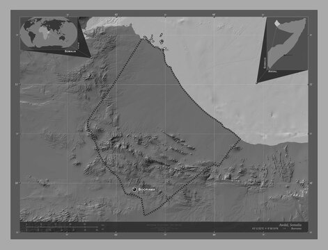 Awdal, Somalia. Bilevel. Labelled points of cities