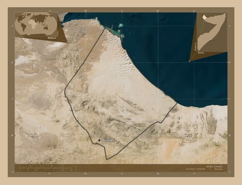 Awdal, Somalia. Low-res satellite. Labelled points of cities
