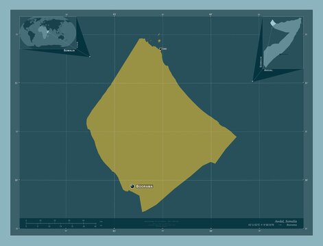 Awdal, Somalia. Solid. Labelled points of cities