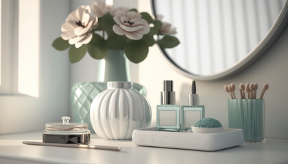 Beautiful luxury bathroom table with decorative and body care cosmetic products, flowers and mirror. Indoor horizontal background. AI generative image.