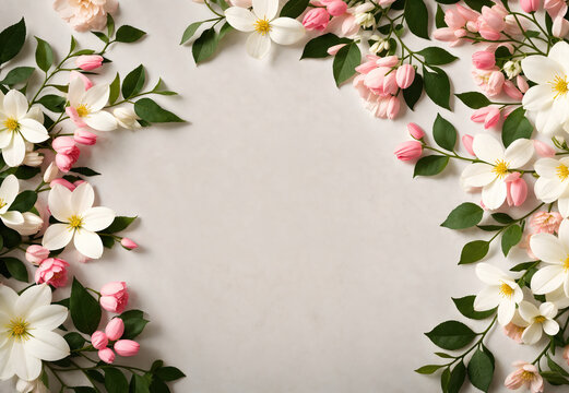 Beautiful flower frame composition with space for text. Garden flowers on white background. Valentine's Day, Easter, Birthday, Happy Women's Day, Mother's Day. Generative AI