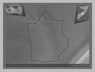 Hiiraan, Somalia. Grayscale. Labelled points of cities