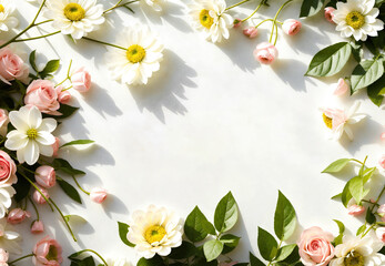 Beautiful flower frame composition with space for text. Garden flowers on white background. Valentine's Day, Easter, Birthday, Happy Women's Day, Mother's Day. Generative AI