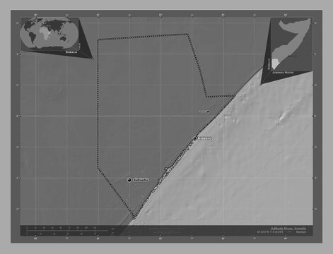 Jubbada Hoose, Somalia. Bilevel. Labelled points of cities