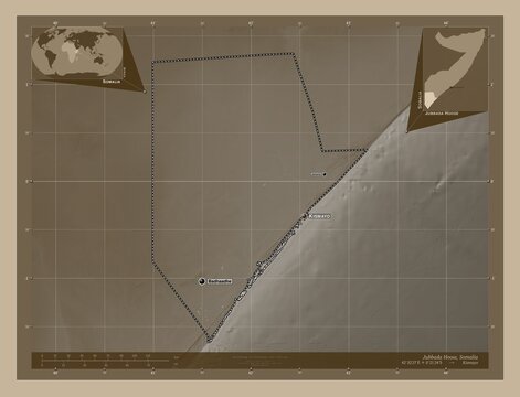 Jubbada Hoose, Somalia. Sepia. Labelled points of cities