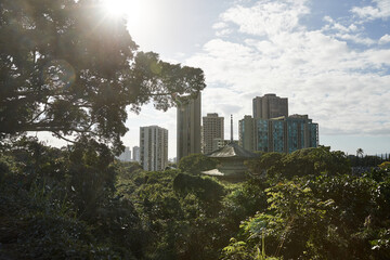 top of Sanju pagoda in Honolulu with buildings in the background