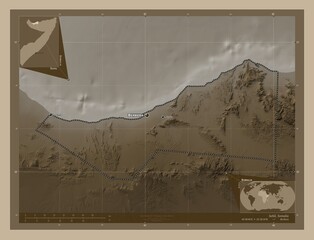 Sahil, Somalia. Sepia. Labelled points of cities