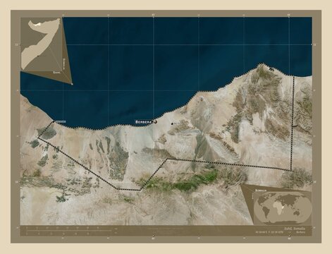 Sahil, Somalia. High-res satellite. Labelled points of cities