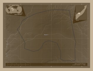 Bakool, Somalia Mainland. Sepia. Labelled points of cities