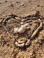 Seashells in the shape of a heart on the sand of the beach. Sea of Thailand on the island of Phuket. Stones on the beach. White sand