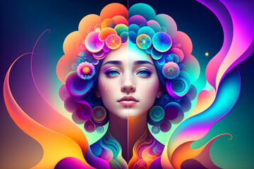 conceptual and dreamlike girl portrait, that evokes different moods and emotions, surreal floral portrait of a woman with gradient theme, generative ai