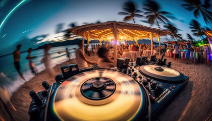 Outdoor night beach music party. Professional sound system dj console on foreground and blurred crowd of happy dancing people on background. AI generative image.