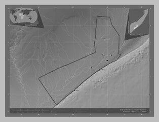 Shabeellaha Hoose, Somalia Mainland. Grayscale. Labelled points of cities