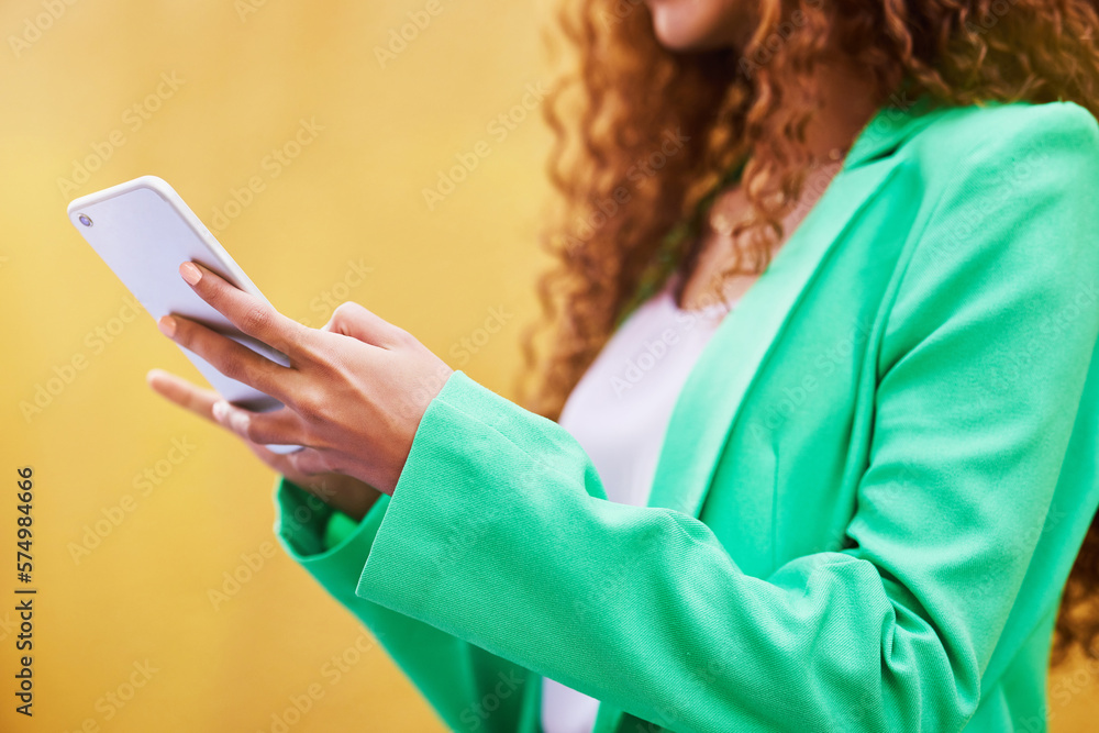 Poster woman, phone and hands typing on yellow background for communication, social media and tech chat. cl