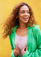 Happy, smile and fashion with black woman in city for freedom, beauty and glow. Cosmetics, confidence and youth with girl and yellow urban wall background for happiness, satisfaction and style