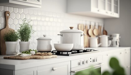 Spacious modern white kitchen interior with big casserole and other utensil objects. Cozy indoor background. AI generative image.