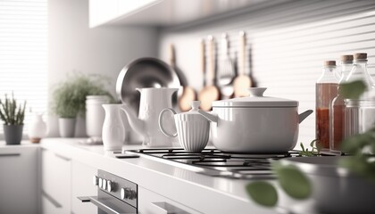 Fototapeta na wymiar Spacious modern white kitchen interior with big casserole and other utensil objects. Cozy indoor background. AI generative image.