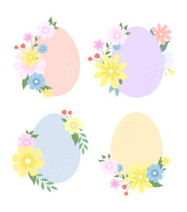 Eggs with wreath of flowers isolated on a white background. Set of four eggs for Easter Day.