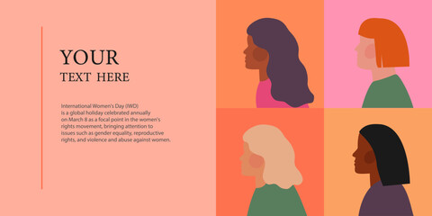 Women's silhouette on a color block. International Woman's day greeting card.