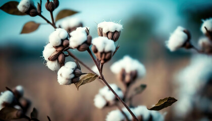 Close up branch of cotton with fluffy flowers. Outdoor nature background. AI generative image.
