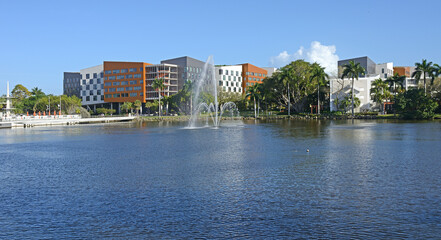 Lakeside Village, University of Miami residential complex of 25 interconnected buildings, with Lake...