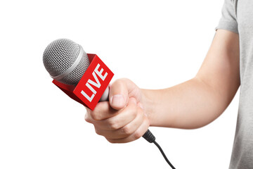 Male hand holding a microphone, cut out