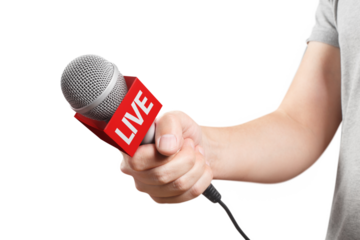 Male hand holding a microphone, cut out