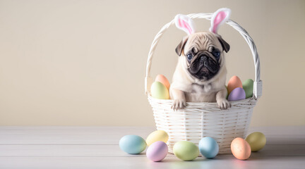 Adorable cute pug dog dressed like Easter bunny sitting in a lovely small wicker basket with painted multicolored eggs. Place for text. AI generative image. - obrazy, fototapety, plakaty