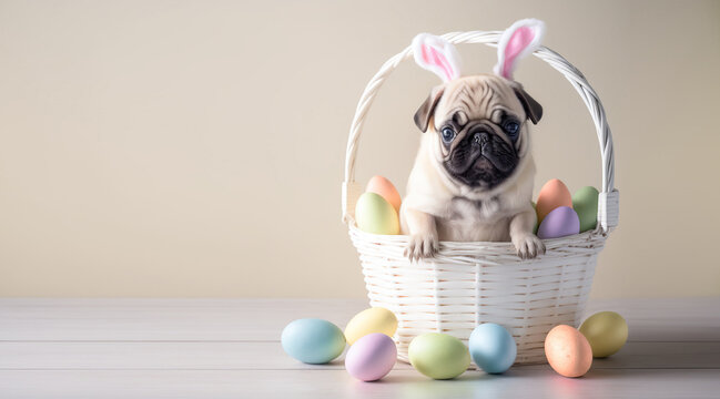 Adorable cute pug dog dressed like Easter bunny sitting in a lovely small wicker basket with painted multicolored eggs. Place for text. AI generative image.