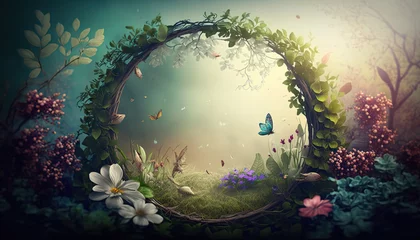 Keuken foto achterwand Sprookjesbos Beautiful enchanted landscape. Fantasy garden background. Magic meadow with spring blooming trees. Round frame with copy space in the middle. Fairy tale banner. AI generative image.