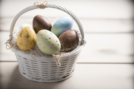 Beautiful close up Easter basket full of multicolored dyed eggs. Horizontal holiday banner. Bright morning indoor background. AI generative image.