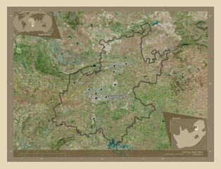 Fototapeta premium Gauteng, South Africa. High-res satellite. Labelled points of cities