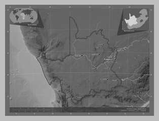 Northern Cape, South Africa. Grayscale. Labelled points of cities