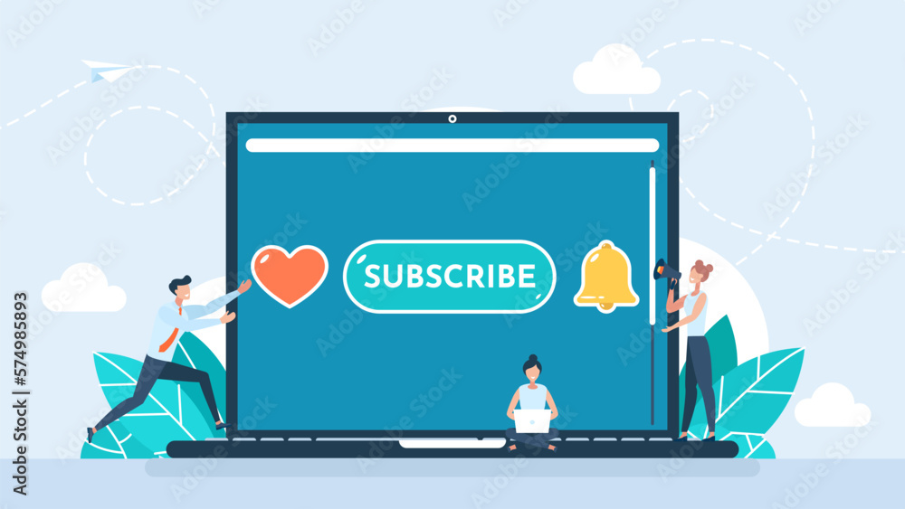 Poster tiny people subscribe to the channel. set icon button like, subscribe, bell notification. subscribe 
