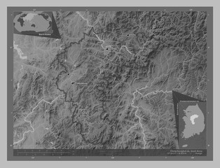 Chungcheongbuk-do, South Korea. Grayscale. Labelled points of cities