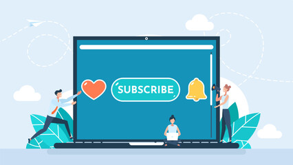 Tiny people subscribe to the channel. Set icon button like, subscribe, bell notification. Subscribe set button for social media. Buttons for app. Notification icons. Flat style. Vector illustration.