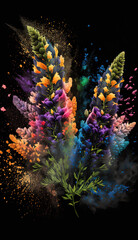 Floral vertical poster with abstract lupine flowers on black background. Artistic herbal illustration. AI generative art.