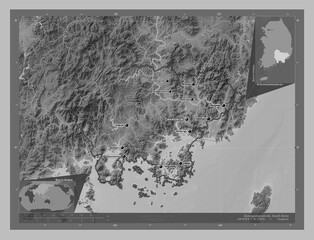 Gyeongsangnam-do, South Korea. Grayscale. Labelled points of cities
