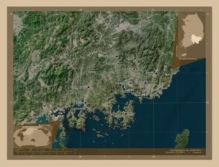 Gyeongsangnam-do, South Korea. Low-res satellite. Labelled points of cities