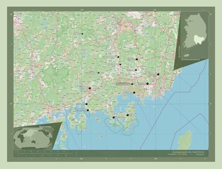 Gyeongsangnam-do, South Korea. OSM. Labelled points of cities