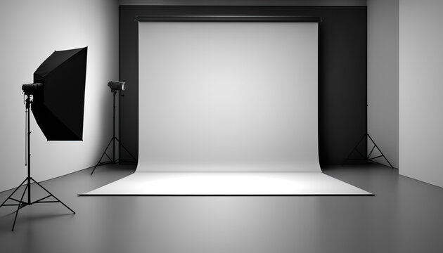 Illustration of empty clean professional photo studio. Horizontal indoor background with copy space. Generative AI image.
