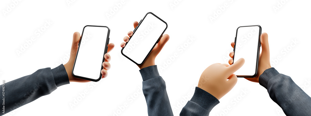Poster cartoon hands set uses smartphone with blank screen - transparent background and screen