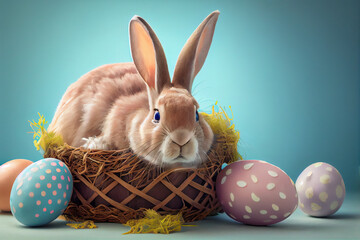 Easter Bunny with easter eggs in a basket on a light blue background, Generative AI