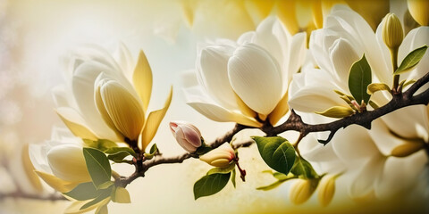 Fototapeta na wymiar Beautiful horizontal spring banner with blooming magnolia branches. Big flowers. Selective focus. Springtime outdoor background. Ai generative image.