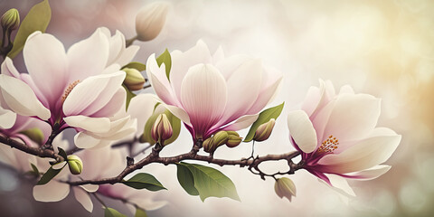Beautiful horizontal spring banner with blooming magnolia branches. Big flowers. Selective focus. Springtime outdoor background. Ai generative image. - obrazy, fototapety, plakaty