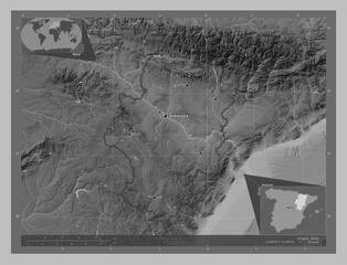 Aragon, Spain. Grayscale. Labelled points of cities