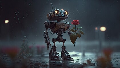 Lonely homeless robot holding a withered rose from his lover under a rainy night. Generative AI