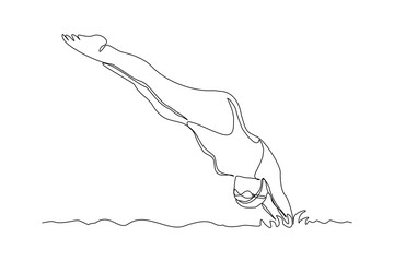 Continuous single one line drawing art of swimming athlete woman jumping to start swim competition. Vector illustration of healthy sport lifestyle