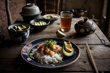Japanese meal on the table. Sushy of salmon or shrimp with rice and a traditional Oriental drink. Generative AI