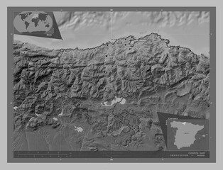 Cantabria, Spain. Grayscale. Labelled points of cities